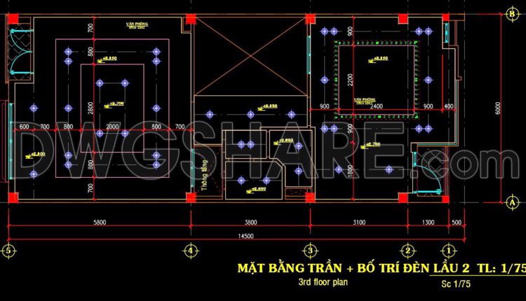 64. CAD drawings provide detailed specifications for the ceiling and lighting fixtures in a three-story townhouse