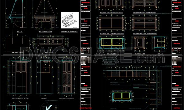 94. Technical CAD drawing detailing kitchen cabinets, island tables, and wine cabinets