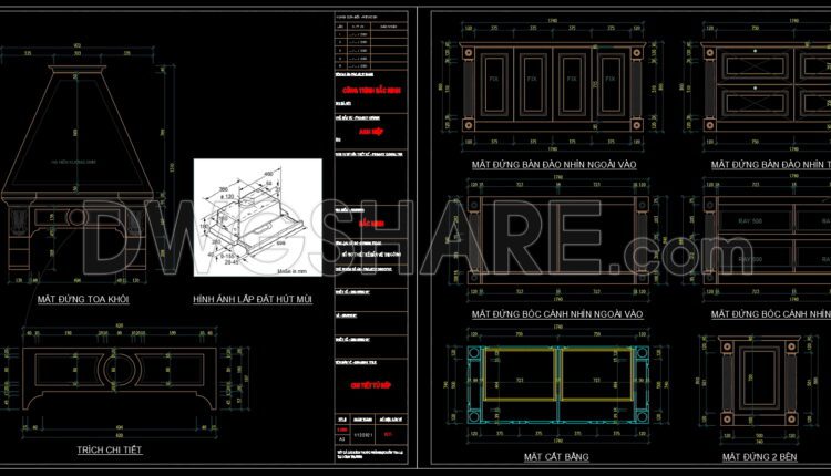 94. Technical CAD drawing detailing kitchen cabinets, island tables, and wine cabinets