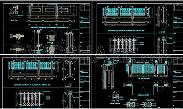 130. Detailed CAD drawings of the construction plans for gates, walls, fences, and wrought iron flowers