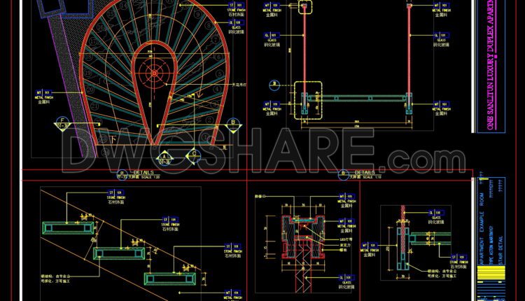 154. A detailed CAD drawing of the design of a spiral staircase in a villa