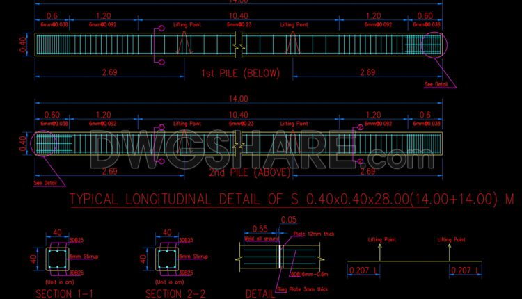 159. Cad Drawing Of Reinforced Concrete Square Pile Details For Download
