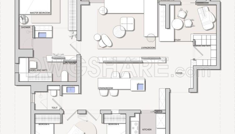 197. Functional floor plan CAD drawing of an apartment with an area of 132m2