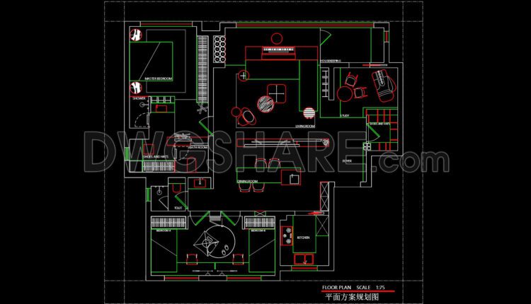 197. Functional floor plan CAD drawing of an apartment with an area of 132m2