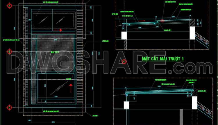 230. CAD detailed drawings of balcony, sliding glass roof details, and console details