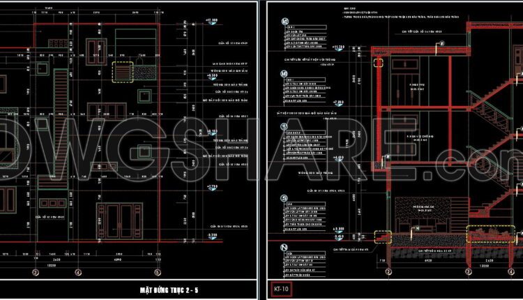 260. The CAD drawings of the floor plan, elevation, and cross-sections of the 3-story house with dimensions of 5.5m x 15.9m