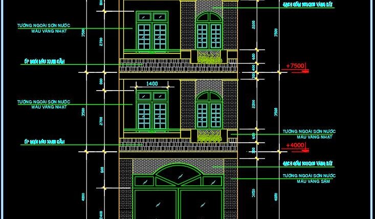 261. The CAD drawings of the floor plan, elevation, and cross-sections of the 4-story house with dimensions of 5.2m x 15m