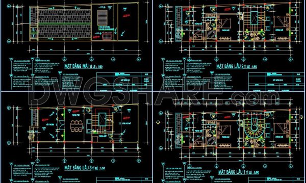 261. The CAD drawings of the floor plan, elevation, and cross-sections of the 4-story house with dimensions of 5.2m x 15m