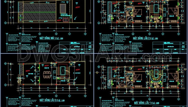 261. The CAD drawings of the floor plan, elevation, and cross-sections of the 4-story house with dimensions of 5.2m x 15m