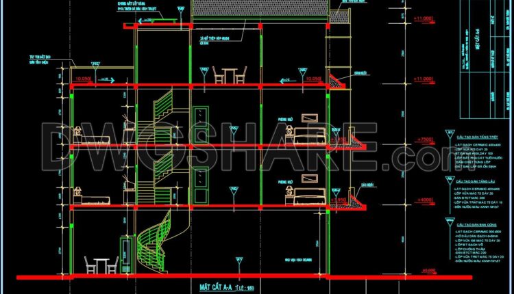 261. The CAD drawings of the floor plan, elevation, and cross-sections of the 4-story house with dimensions of 5.2m x 15m