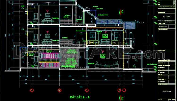 262. The CAD drawings of the floor plan, elevation, and cross-sections of the 3-story house with dimensions of 6m x 20m