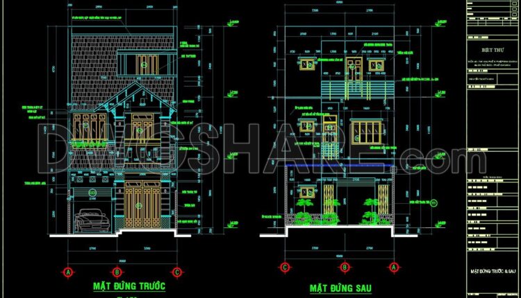 262. The CAD drawings of the floor plan, elevation, and cross-sections of the 3-story house with dimensions of 6m x 20m
