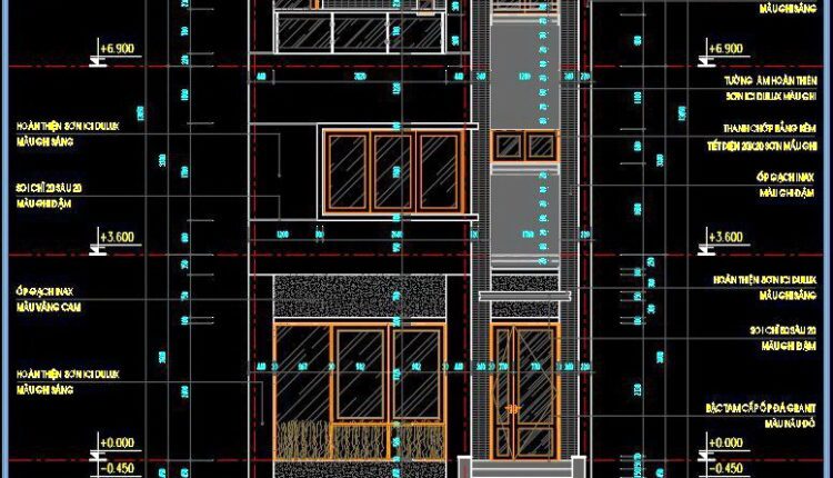 264. The CAD drawings of the floor plan, elevation, and cross-sections of the 3-story house with dimensions of 6m x 15.3m