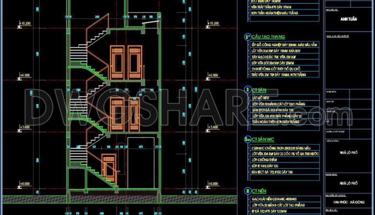 264. The CAD drawings of the floor plan, elevation, and cross-sections of the 3-story house with dimensions of 6m x 15.3m