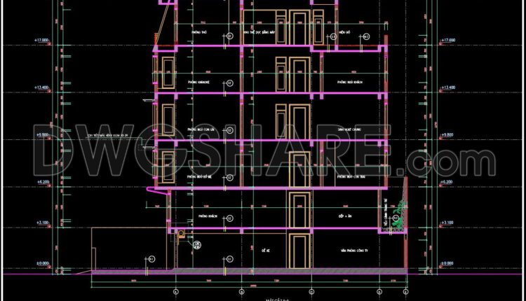 266. The CAD drawings of the floor plan, elevation, and cross-sections of the 5-story house with dimensions of 6m x 24m