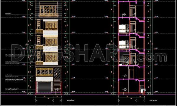 266. The CAD drawings of the floor plan, elevation, and cross-sections of the 5-story house with dimensions of 6m x 24m