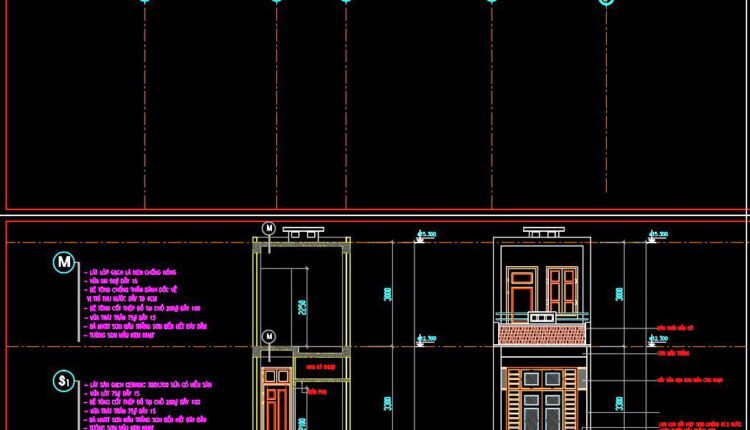 267. The CAD drawings of the floor plan, elevation, and cross-sections of the 3-story house with dimensions of 3m x 15m