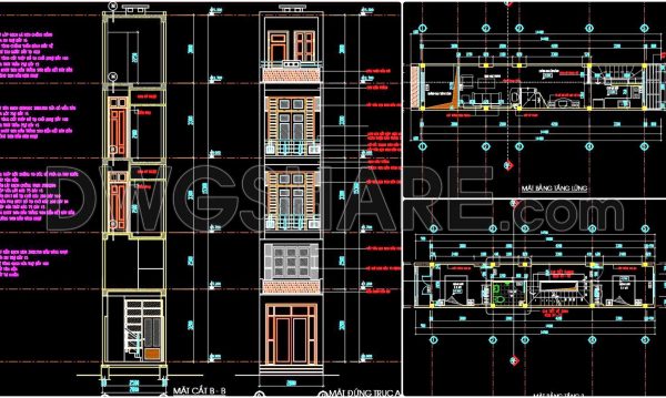 2 years ago
                

                
             3,163267. The CAD drawings of the floor plan, elevation, and cross-sections of the 3-story house with dimensions of 3m x 15m