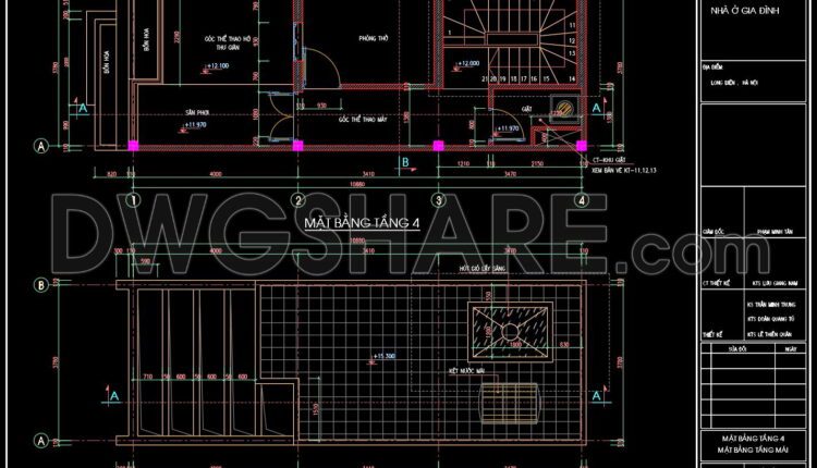 268. The CAD drawings of the floor plan, elevation, and cross-sections of the 4-story house with dimensions of 4m x 11m