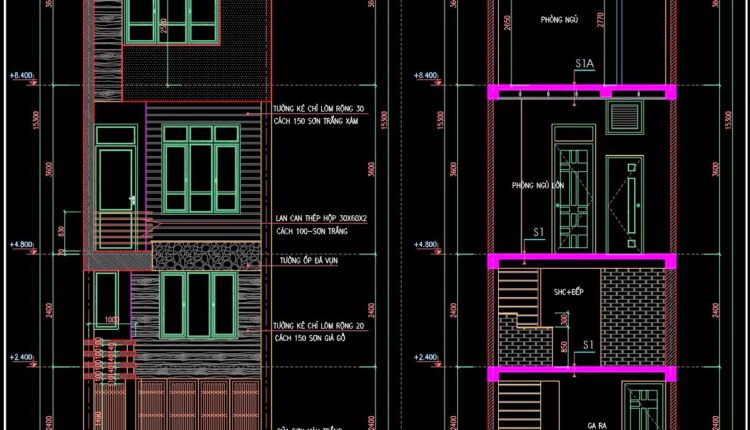 268. The CAD drawings of the floor plan, elevation, and cross-sections of the 4-story house with dimensions of 4m x 11m