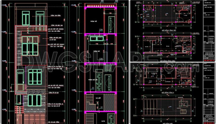 268. The CAD drawings of the floor plan, elevation, and cross-sections of the 4-story house with dimensions of 4m x 11m