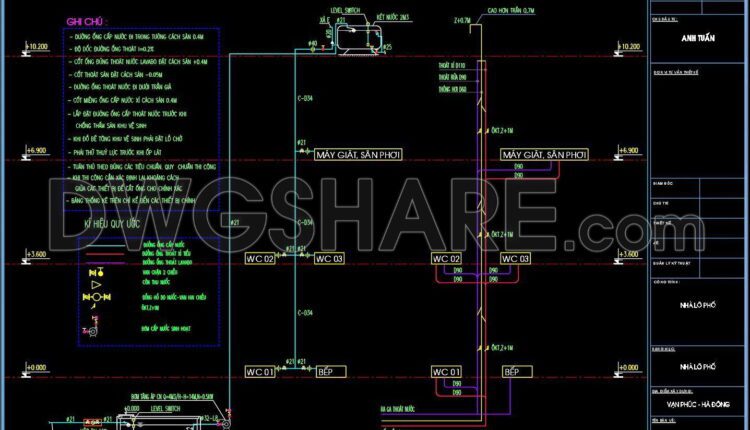 51. CAD drawings detailing the design of water supply and drainage systems for a 3-story townhouse 5m x 15m