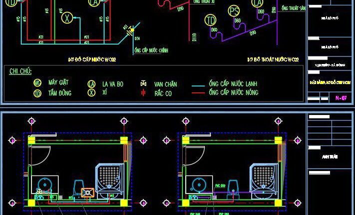 51. CAD drawings detailing the design of water supply and drainage systems for a 3-story townhouse 5m x 15m