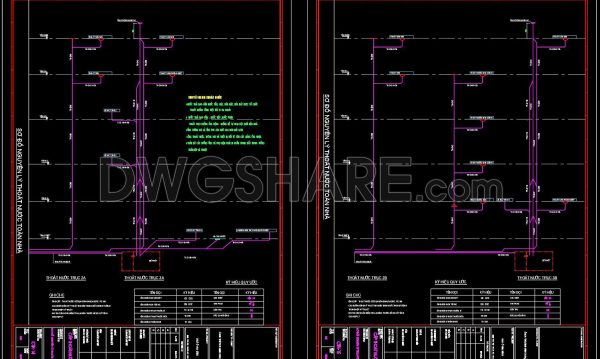 53. CAD drawings detailing the design of water supply and drainage systems for a 5-story townhouse 6.8m x 13.8m