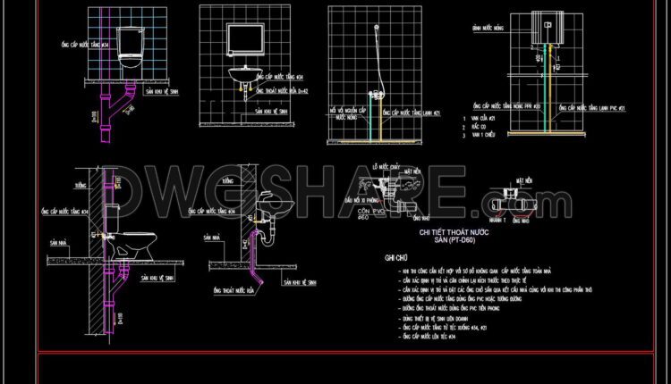 54. CAD drawings detailing the design of water supply and drainage systems for a 4-story townhouse 4.5m x 14m