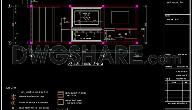 70. Detailed CAD drawings for the ceiling layout design of a 4-story townhouse