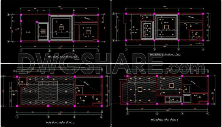 70. Detailed CAD drawings for the ceiling layout design of a 4-story townhouse