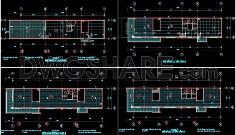 2. Download free detailed CAD drawings of floor plans for a 4-story townhouse
