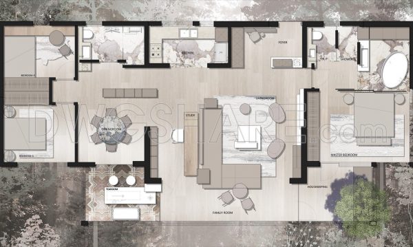 201. Functional floor plan CAD drawing of an apartment with an area of 175m2