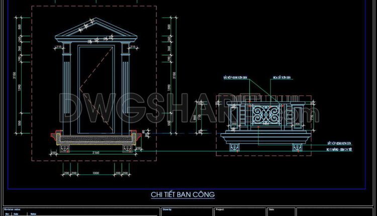 243. Detailed architectural CAD drawings of balconies and columns
