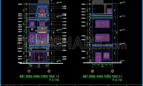 269. The CAD drawings of the floor plan, elevation, and cross-sections of the 4-story house with dimensions of 5m x 19.7m