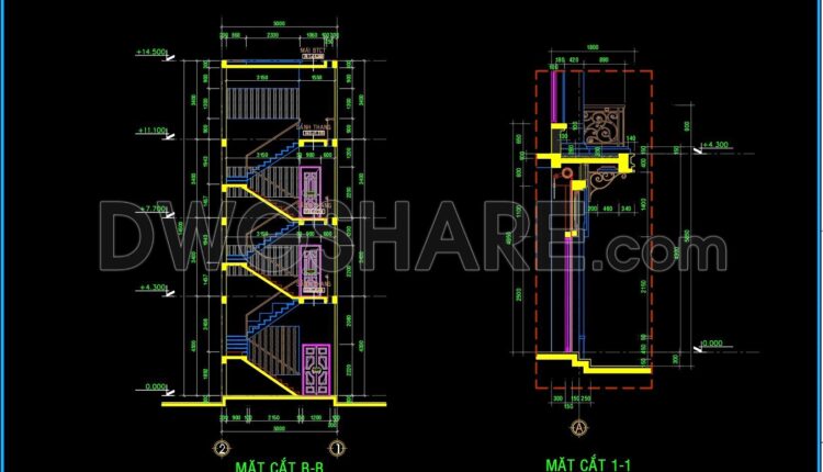269. The CAD drawings of the floor plan, elevation, and cross-sections of the 4-story house with dimensions of 5m x 19.7m