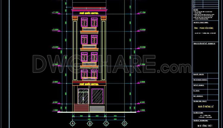 270. The CAD drawings of the floor plan, elevation, and cross-sections of the 5-story house with dimensions of 9.8m x 20.5m