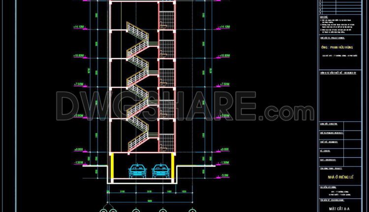 270. The CAD drawings of the floor plan, elevation, and cross-sections of the 5-story house with dimensions of 9.8m x 20.5m