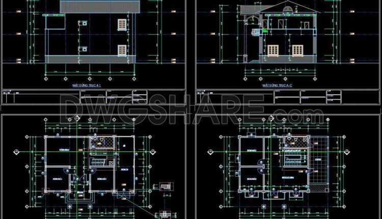 271. CAD drawings of the floor plan, elevation, and cross-sections of the 2-story house with dimensions of 11.3m x 14.2m