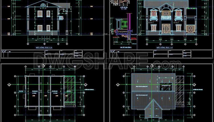 271. CAD drawings of the floor plan, elevation, and cross-sections of the 2-story house with dimensions of 11.3m x 14.2m