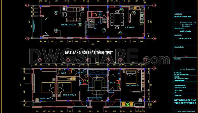 272. CAD drawings of the floor plan, elevation, and cross-sections of the 3-story house with dimensions of 5.2m x 16.5m