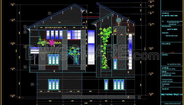 272. CAD drawings of the floor plan, elevation, and cross-sections of the 3-story house with dimensions of 5.2m x 16.5m