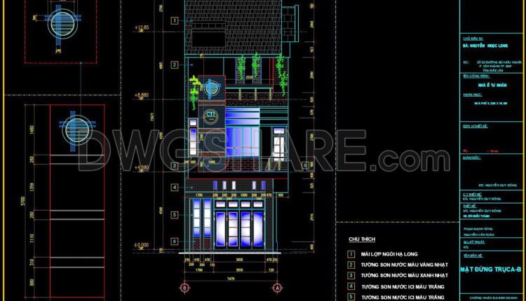 272. CAD drawings of the floor plan, elevation, and cross-sections of the 3-story house with dimensions of 5.2m x 16.5m