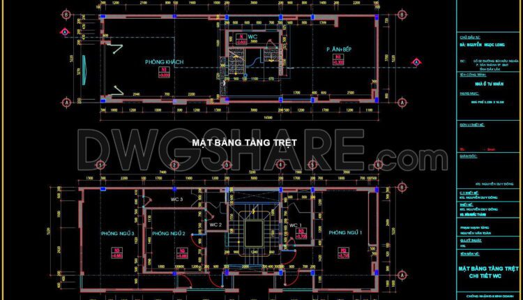 272. CAD drawings of the floor plan, elevation, and cross-sections of the 3-story house with dimensions of 5.2m x 16.5m