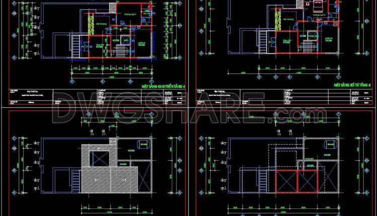 273. CAD drawings of the floor plan, elevation, and cross-sections of the 4-story house with dimensions of 10m x 20m