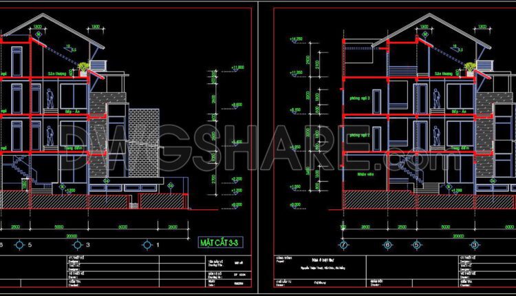 273. CAD drawings of the floor plan, elevation, and cross-sections of the 4-story house with dimensions of 10m x 20m