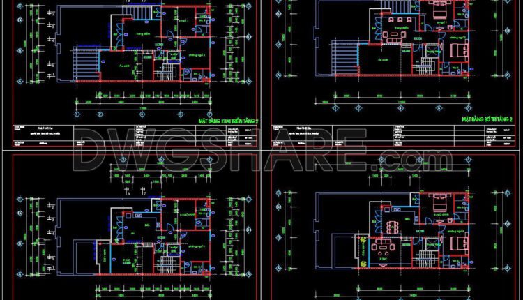 273. CAD drawings of the floor plan, elevation, and cross-sections of the 4-story house with dimensions of 10m x 20m