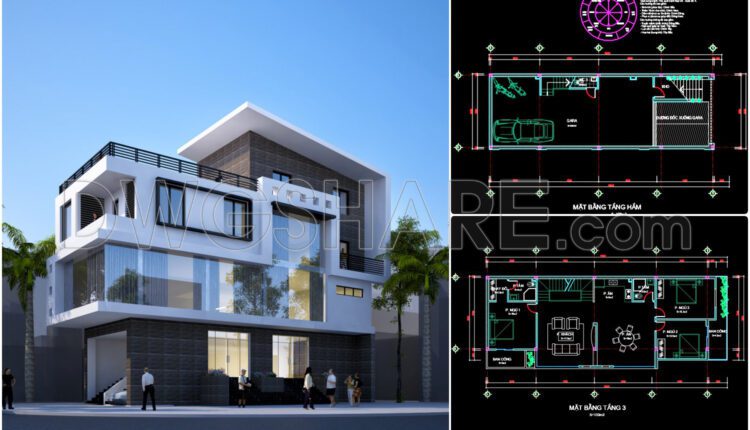 275. CAD design drawings for a 4-story townhouse with dimensions of 6m x 16m