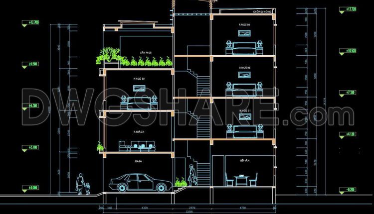 276. CAD design drawings for a 4-story townhouse with dimensions of 6.1m x 13.2m