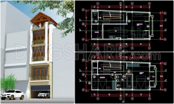 279. CAD design drawings for a 5-story townhouse with dimensions of 5.5m x 11.6m